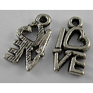 Valentine Gifts Ideas Tibetan Style Alloy Pendants, Lead Free, Cadmium Free and Nickel Free, Heart with Love, Antique Silver, 8mm wide, 14.5mm long, hole: 1mm(X-LF0299Y-NF)