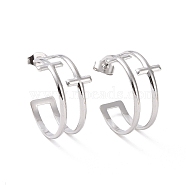 304 Stainless Steel Double Cross Stud Earrings, Half Hoop Earrings for Women, Stainless Steel Color, 23.5x8mm, Pin: 0.7mm(EJEW-G326-05P)