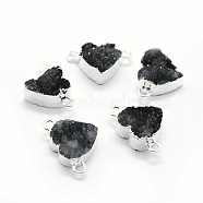 Natural Druzy Quartz Links connectors, with Brass Findings, Heart, Black, Silver Color Plated, 12~13x17~19x4~5mm, Hole: 2mm(G-P396-12S)