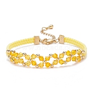Glass Braided Flower Link Bracelet for Women, Yellow, 7-3/8 inch(18.6cm)(BJEW-TA00130-04)