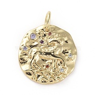 Brass Micro Pave Cubic Zirconia Pendants, with Jump Rings, Flat Round, Constellation, Colorful, Golden, Aries, 14~15x2mm, Hole: 3mm(ZIRC-G157-03K-01G)