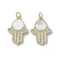 Brass Micro Pave Cubic Zirconia Pendants, with Shell, Hamsa Hand, Real 18K Gold Plated, 20x14x2.5mm, Hole: 3mm(KK-G485-22C-G)