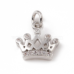 Brass Micro Pave Clear Cubic Zirconia Crown Charms, with Open Jump Rings, Platinum, 10x11x2.5mm, Jump Ring: 4.5x0.7mm, Inner Diameter: 3mm (ZIRC-F132-64P)