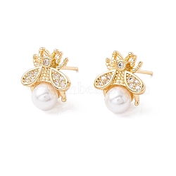 Cubic Zirconia Insect Stud Earrings with Acrylic Pearl, Brass Jewelry for Women, Lead Free & Cadmium Free, Real 18K Gold Plated, 13.5x12mm, Pin: 0.8mm(EJEW-F282-28G)