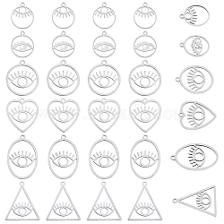 ARRICRAFT 24Pcs 6 Style 201 Stainless Steel Pendants, Laser Cut, Eye & Ring & Triangle & Heart & Oval & Ring with Eye, Stainless Steel Color, 17~32x14.5~256.5x1~1.5mm, Hole: 1.5~2mm, 4pcs/style(FIND-AR0002-03)
