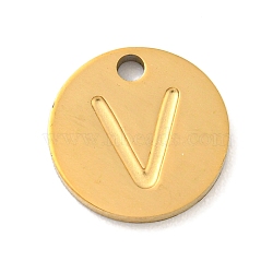 Ion Plating(IP) 304 Stainless Steel Pendants, Laser Cut, Flat Round with Letter Charm, Golden, Letter V, 10x1mm, Hole: 1.4mm(FIND-M017-02G-V)