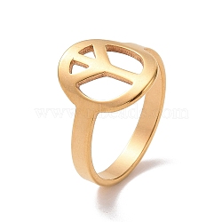 Ion Plating(IP) 201 Stainless Steel Peace Sign Finger Ring, Hollow Wide Ring for Women, Golden, US Size 6 1/2(16.9mm)(RJEW-J051-43G)