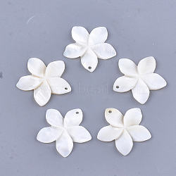 Carved Freshwater Shell Pendants, Flower, Ivory, 31~34.5x32~35.5x3~4mm, Hole: 2mm(X-SHEL-T012-54)