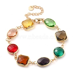 Colorful Glass Link Chain Bracelets, with Golden Brass Chains, Square, 9-5/8 inch(24.4cm), 61mm extender(BJEW-B075-03)