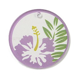 Opaque Acrylic Pendants, Flat Round with Flower, Orchid, 45x3mm, Hole: 3.5mm(BACR-C001-01D)