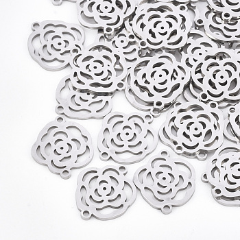 201 Stainless Steel Links connectors, Laser Cut Links, Flower, Stainless Steel Color, 17x14x1mm, Hole: 1.4mm