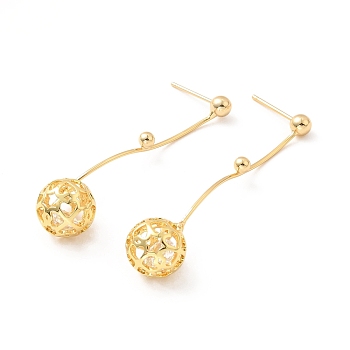 Ball with Cubic Zirconia Long Dangle Stud Earrings, Brass Jewelry for Women, Lead Free & Cadmium Free & Nickel Free, Real 18K Gold Plated, 50x4mm, Pin: 0.7mm