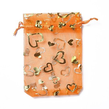 Organza Drawstring Jewelry Pouches, Wedding Party Gift Bags, Rectangle with Gold Stamping Heart Pattern, Orange, 15x10x0.11cm
