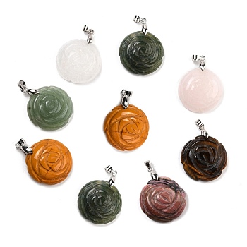 Natural Gemstone Pendants, with Platinum Tone Brass Findings, Flat Round with Rose Pattern, 32x25x8mm