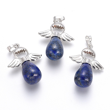 Natural Lapis Lazuli Pendants, with Platinum Tone Brass Findings, Angel, 39x28x14mm, Hole: 5x7mm
