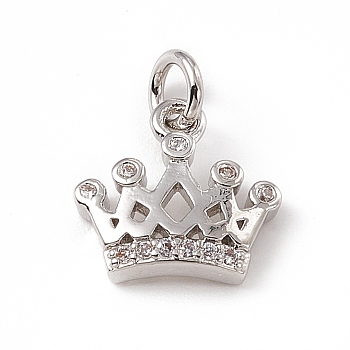 Brass Micro Pave Clear Cubic Zirconia Crown Charms, with Open Jump Rings, Platinum, 10x11x2.5mm, Jump Ring: 4.5x0.7mm, Inner Diameter: 3mm 