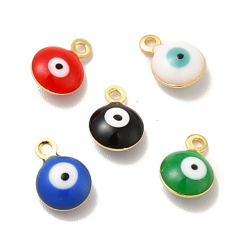 304 Stainless Steel Evil Eye Enamel Charms, Flat Round Charm, Golden, Mixed Color, 7.5x6x3mm, Hole: 1mm