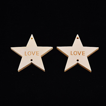 Wood Links Connectors, Laser Engraved, Star with Love, Antique White, 52x54x5.5mm, Hole: 2.5mm