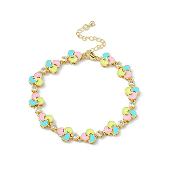 Colorful Enamel Windwill & Cubic Zirconia Link Chain Bracelet, Brass Jewelry for Women, Golden, 7-3/4 inch(19.6cm)