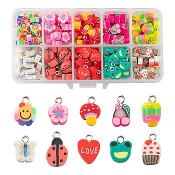 200Pcs 10 Style Handmade Polymer Clay Pendants, with Platinum Tone Iron Findings, Flower with Smile & Mushroom & Cherry & Butterfly & Ladybug & Heart with Love & Frog & Ice Cream & Flower, Mixed Color, 12~17x8~14.5x3~5mm, Hole: 1.8mm, 20pcs/style