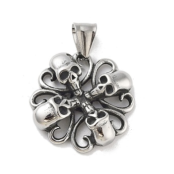 304 Stainless Steel Pendants, Antique Silver, Skull, 27x27x7.5mm, Hole: 8x5mm