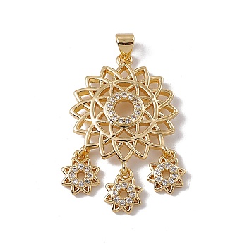Brass Micro Pave Clear Cubic Zirconia Pendants, Cadmium Free & Nickel Free & Lead Free, Rack Plating, Flower, Real 18K Gold Plated, Real 18K Gold Plated, 34.5x22x3.5mm, Hole: 3x4mm