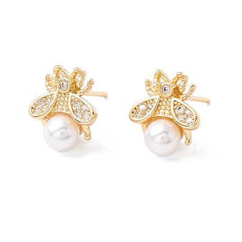 Cubic Zirconia Insect Stud Earrings with Acrylic Pearl, Brass Jewelry for Women, Lead Free & Cadmium Free, Real 18K Gold Plated, 13.5x12mm, Pin: 0.8mm