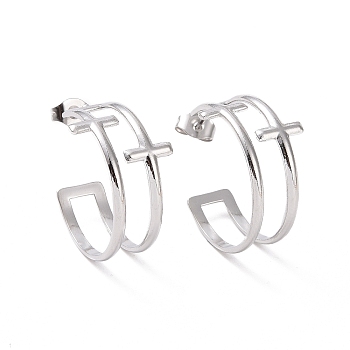 304 Stainless Steel Double Cross Stud Earrings, Half Hoop Earrings for Women, Stainless Steel Color, 23.5x8mm, Pin: 0.7mm