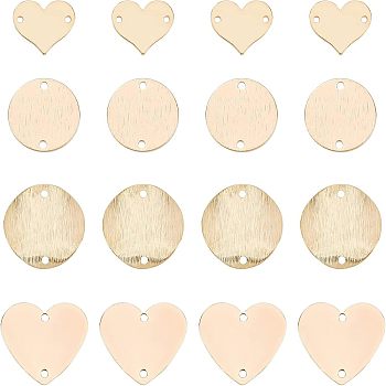 CHGCRAFT 24pcs 4 Style Brass Links/Connectors, Flat Round & Heart, Golden, 11~18x11~18.5x1mm, Hole: 1~1.4mm, 6pcs/style