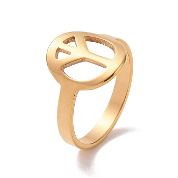 Ion Plating(IP) 201 Stainless Steel Peace Sign Finger Ring, Hollow Wide Ring for Women, Golden, US Size 6 1/2(16.9mm)
