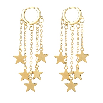 Brass Dangle Hoop Earrings, 304 Stainless Steel Star Tassel Earrings, Golden, 61x17mm