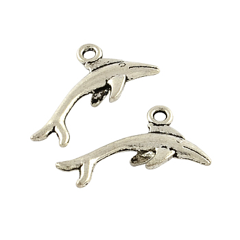 Tibetan Style Alloy Dolphin Charms, Cadmium Free & Lead Free, Antique Silver, 12.5x24x3mm, Hole: 2mm, about 625pcs/500g
