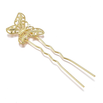 Iron Hair Fork Findings, with Brass Butterfly Filigree Findings, Golden, 85.5x22x3mm, Butterfly: 30x20mm