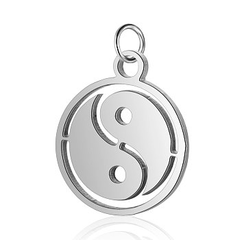 304 Stainless Steel Charms, Flat Round with Tai Ji, Stainless Steel Color, 14x12x1mm, Hole: 2.5mm