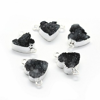 Natural Druzy Quartz Links connectors, with Brass Findings, Heart, Black, Silver Color Plated, 12~13x17~19x4~5mm, Hole: 2mm
