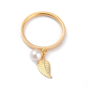 Dual-use Items, 304 Stainless Steel Finger Rings or Pendants, with Plastic Round Beads, Leaf, White, Golden, US Size 5~9(15.7~18.9mm)