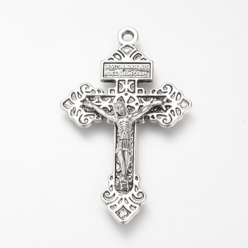 Tibetan Style Alloy Big Pendants, For Easter, Crucifix Cross with Word, Cadmium Free & Lead Free, Antique Silver, 55.5x34x8mm, Hole: 3mm