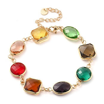 Colorful Glass Link Chain Bracelets, with Golden Brass Chains, Square, 9-5/8 inch(24.4cm), 61mm extender