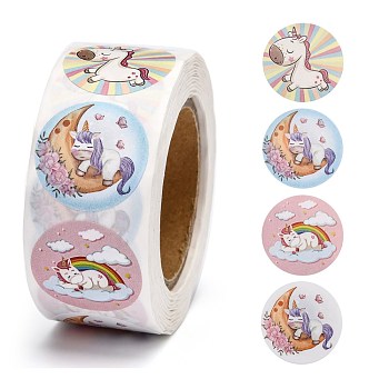 Children Cartoon Stickers, Adhesive Labels Roll Stickers, Gift Tag, for Envelopes, Party, Presents Decoration, Flat Round, Colorful, Unicorn Pattern, 25mm, about 500pcs/roll
