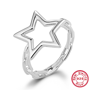 Rhodium Plated 925 Sterling Silver Finger Ring, Hollow Star, Platinum, Inner Diameter: 18mm
