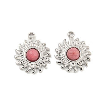Natural Rhodonite Sun Charms, with 304 Stainless Steel Findings, Stainless Steel Color, 14.5x12x3.5mm, Hole: 1.5mm