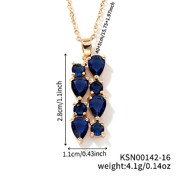 Brass Cubic Zirconia Long Tassel Pendant Necklaces for Fashionable Statement Style, Golden, Blue, 15.75 inch(40cm)