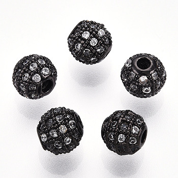 Rack Plating Brass Cubic Zirconia Beads, Long-Lasting Plated, Round, Gunmetal, 6x6mm, Hole: 1.5mm