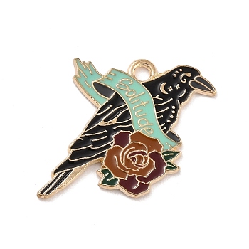 Alloy Enamel Pendants, Crow with Rose and Word Solitude, Light Gold, 31x23x1mm, Hole: 2mm