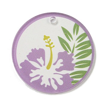 Opaque Acrylic Pendants, Flat Round with Flower, Orchid, 45x3mm, Hole: 3.5mm