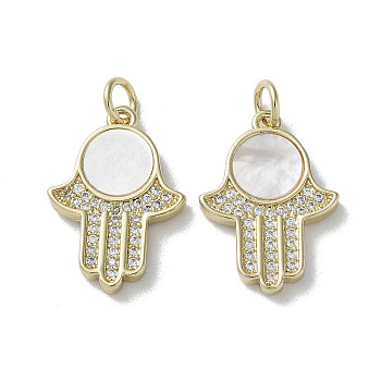 Brass Micro Pave Cubic Zirconia Pendants, with Shell, Hamsa Hand, Real 18K Gold Plated, 20x14x2.5mm, Hole: 3mm