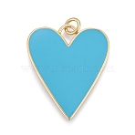 Brass Enamel Pendants, Cadmium Free & Lead Free, Real 18K Gold Plated, Long-Lasting Plated, Heart, Deep Sky Blue, 27x22x2mm, Hole: 3mm, jump rings: 5x1mm(KK-M205-13G-09)