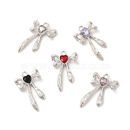 Rack Plating Alloy Glass Pendants, Cadmium Free & Nickel Free & Lead Free, Platinum Tone Bowknot Charms, Mixed Color, 23.5x15x4mm, Hole: 1.6mm(FIND-C018-46P)