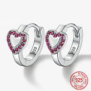 Rhodium Plated Platinum 925 Sterling Silver Micro Pave Cubic Zirconia Hoop Earrings, Heart, with 925 Stamp, Deep Pink, 12.8x14.8mm(AA4054-2)