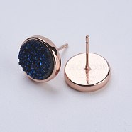 Druzy Resin Earrings, with Brass Finding, Flat Round, Blue, 9.5x16~16.5mm, Pin: 0.8mm(KK-E724-S-06RG)